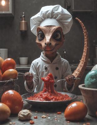 The primary subject of the image is a young child dressed in a chef's outfit, standing in a kitchen and preparing food. The child is wearing a chef's hat and is holding a spoon, which is filled with red sauce. The setting is a kitchen, with various items such as bowls, cups, and oranges scattered around the area. The visual style of the image is a combination of photo and illustration, creating a unique and engaging scene. The colors and mood of the image are