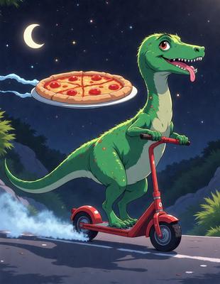 The primary subject of the image is a cartoon dinosaur riding a red scooter with a plate of pizza on its back. The dinosaur is green and has a long neck, making it the focal point of the scene. The setting is a nighttime city street, with a moon visible in the sky. The visual style is a cartoon illustration, giving the image a playful and whimsical atmosphere. The colors are predominantly green and red, with the pizza adding a touch of yellow