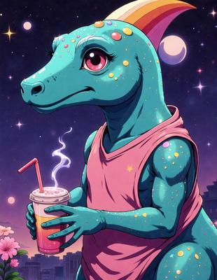 The primary subject of the image is a cartoon dinosaur, specifically a blue and pink T-Rex, holding a cup of a pink drink. The setting is a nighttime scene with a starry background. The visual style is a digital art or illustration, creating a whimsical and playful atmosphere. The dominant colors are blue, pink, and purple, with the starry background adding a sense of wonder and magic to the scene.
