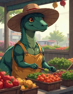 The primary subject of the image is a cartoon dinosaur, specifically a green lizard, wearing a straw hat and holding a basket of fruit. The lizard is standing in front of a fruit stand, surrounded by various fruits such as apples and oranges. The setting is a lush garden, and the visual style is a cartoon illustration. The colors and mood of the image are vibrant and cheerful, with the lizard and the fruit stand creating a fun and inviting atmosphere.