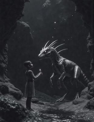 The primary subject of the image is a young girl standing next to a large, metallic, and possibly robotic dinosaur. The setting appears to be a cave or an underground environment, with the girl holding a light source, possibly a flashlight. The visual style of the image is a combination of photo and digital art, creating a unique and intriguing scene. The colors and mood of the image are dark and mysterious, with the girl and the dinosaur being the main focus of the composition.