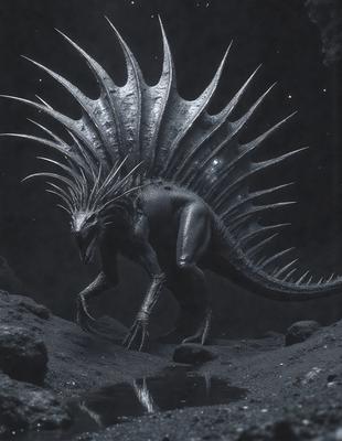 The primary subject of the image is a large, metal-like dragon with a long tail and multiple spikes on its back. The dragon is standing on a rocky surface, possibly a dirt hillside, with a dark background. The visual style of the image appears to be a combination of photo and digital art, creating a unique and intriguing scene. The colors and mood of the image are dark and mysterious, with the dragon's metallic appearance adding to the overall atmosphere.