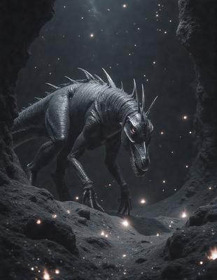 The primary subject of the image is a large, dark, and menacing dinosaur with a long neck and sharp teeth. It is standing on a rocky surface, possibly a volcanic island, with a starry sky in the background. The visual style of the image is a combination of photo and digital art, creating a dramatic and captivating scene. The dominant colors in the image are dark and gray, with the dinosaur's skin and the rocky surface, while the starry sky adds a touch of