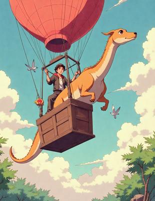 The primary subject of the image is a boy riding on the back of a large, long-necked dinosaur. The dinosaur is holding the boy in its mouth, and they are both flying through the air. The setting appears to be a cloudy sky, and the visual style is an illustration or a comic book-like scene. The colors are predominantly shades of blue and white, giving the image a calm and serene atmosphere.