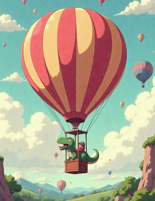 The primary subject of the image is a cartoon dinosaur, specifically a T-Rex, sitting in a basket or a small car attached to a hot air balloon. The setting is a cloudy sky, and the visual style is a cartoon or animated illustration. The colors are predominantly shades of pink, yellow, and orange, giving the scene a cheerful and lively atmosphere.