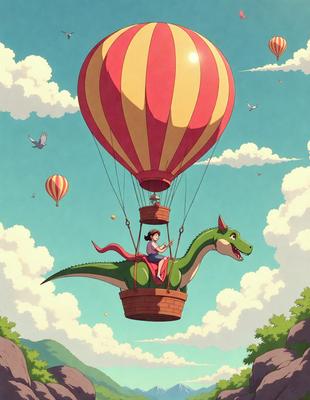 The primary subject of the image is a person riding on the back of a green dragon, which is flying through the sky. The setting is a cloudy blue sky, and the visual style is an illustration or a digital art. The dominant colors are blue, green, and white, creating a calm and serene atmosphere.