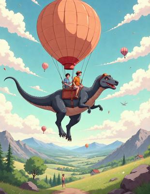 The primary subject of the image is a large, colorful dinosaur with a man and a woman riding in a basket on its back. The dinosaur is flying through the sky, surrounded by a variety of hot air balloons. The setting is a lush, green landscape with mountains in the background. The visual style is a combination of digital art and illustration, creating a vibrant and dynamic scene. The colors and mood are bright, cheerful, and adventurous, as the riders enjoy their