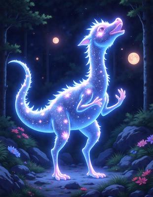 The primary subject of the image is a blue, glowing, light-up dinosaur standing in a forest. The setting is a forest with trees and a moon in the background. The visual style is digital art, and the colors and mood are predominantly blue and serene.