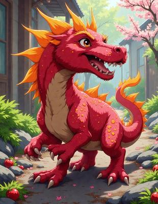The primary subject of the image is a red dragon with a yellow mane, standing on a rocky path. The dragon appears to be smiling, giving it a friendly and playful demeanor. The setting is a forest, with trees visible in the background. The visual style is a digital art illustration, creating a vibrant and lively atmosphere. The dominant colors are red and yellow, with the red dragon being the focal point of the scene.