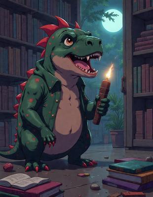 The primary subject of the image is a cartoon dinosaur, specifically a green and red T-Rex, standing in a room with a bookshelf. The setting is a library, and the visual style is a digital art or illustration. The colors and mood of the image are vibrant and lively, with the T-Rex being the main focus of the scene.