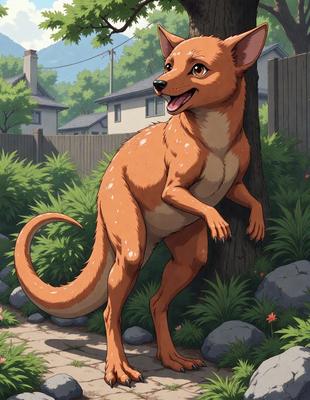 The primary subject of the image is a cartoon-like, anthropomorphic kangaroo standing on a sidewalk. The kangaroo is positioned next to a tree, and it appears to be smiling. The setting is a residential area with houses in the background. The visual style is a digital art or illustration, giving the image a whimsical and playful atmosphere. The dominant colors are orange and brown, which are characteristic of the kangaroo's appearance.