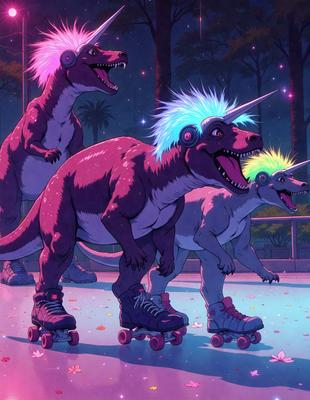 The image features a group of three colorful, rainbow-haired unicorns riding on top of skateboards. The unicorns are positioned in a line, with one on the left, another in the middle, and the third on the right. They appear to be enjoying their time together, possibly in a nighttime setting. The scene is a mix of digital art and illustration, creating a vibrant and lively atmosphere.