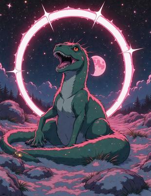 The primary subject of the image is a large, green, and pink dinosaur sitting in a field. The setting is a nighttime scene with a moon visible in the sky. The visual style is a digital art or illustration, creating a vibrant and lively atmosphere. The dominant colors are green and pink, with the dinosaur being predominantly green and the pink accents adding a touch of warmth to the scene.
