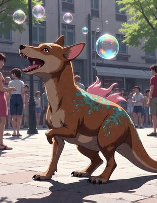 The primary subject of the image is a dog with a green and pink colorful design on its back. The dog is standing on a brick surface, and it appears to be in a public area with several people around it. The visual style of the image is a combination of photo and digital art, creating a unique and eye-catching scene. The colors and mood of the image are vibrant and lively, with the dog's design adding a playful and fun atmosphere to the scene.