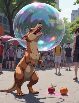 The primary subject of the image is a cartoon-like drawing of a dog with a bubble over its head. The dog is standing on a sidewalk, and there are several people in the background, some of whom are carrying backpacks. The visual style of the image is digital art, and the colors and mood are lively and cheerful.