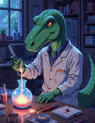 The primary subject of the image is a cartoon dinosaur, specifically a green alligator, wearing a lab coat and holding a test tube. The setting is a laboratory, with various objects such as a microscope, a potted plant, and a TV in the background. The visual style is a comic or cartoon illustration, giving the image a lighthearted and whimsical atmosphere. The dominant colors are green and orange, with the green alligator being the main focus of the scene.