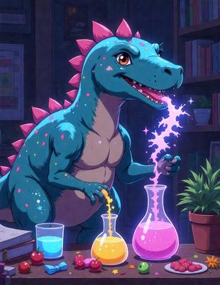 The primary subject of the image is a cartoon dinosaur, specifically a blue T-Rex, standing in front of a table with various chemicals and glassware. The setting is a laboratory, and the visual style is a digital art or illustration. The dominant colors in the image are blue and purple, giving the scene a vibrant and lively atmosphere.