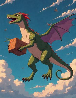 Primary subject: A large green dragon with a box on its back.

Setting/background: The dragon is flying through a cloudy blue sky.

Visual style: The image is a digital art or illustration.

Colors and mood: The dominant colors are green and blue, creating a lively and energetic atmosphere.