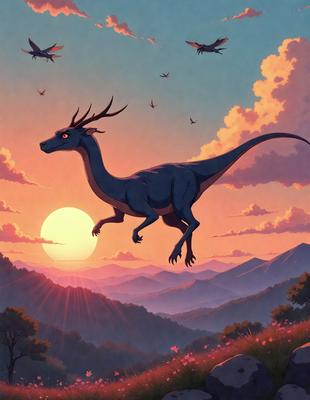 Primary subject: Dinosaur
Setting/background: Sunset, mountains, and clouds
Visual style: Digital art
Colors and mood: Orange, blue, and purple