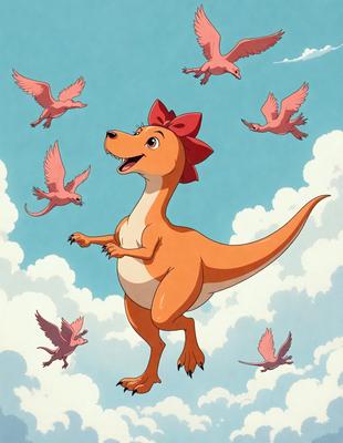 The primary subject of the image is a cartoon dinosaur, specifically a T-Rex, with a pink bow on its head. The dinosaur is flying through the sky, surrounded by a group of birds. The setting is a cloudy sky, and the visual style is a cartoon illustration. The colors are predominantly shades of pink and orange, giving the scene a playful and lively atmosphere.
