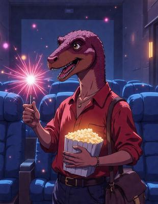 The primary subject of the image is a cartoon character, specifically a Tyrannosaurus Rex, holding a bag of popcorn. The setting is a movie theater, with several chairs visible in the background. The visual style is a comic or cartoon illustration, and the colors are predominantly red and orange, giving the scene a warm and inviting atmosphere.