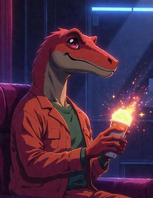 The primary subject of the image is a cartoon dinosaur, specifically a T-Rex, wearing a red jacket and holding a cup. The setting is a dark room, and the visual style is a comic or animated illustration. The dominant colors are red and orange, giving the image a warm and vibrant atmosphere.