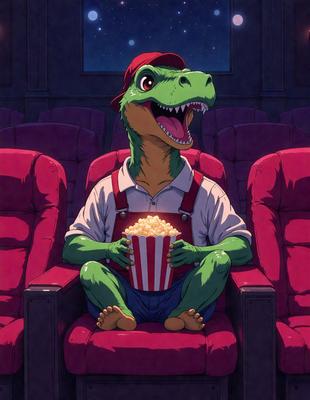 The primary subject of the image is a cartoon dinosaur sitting in a theater, holding a bag of popcorn. The setting is a movie theater, with several chairs visible in the background. The visual style is a comic or cartoon illustration, giving the image a playful and lighthearted atmosphere. The colors are predominantly shades of green, red, and purple, which are typical of a dinosaur and theater setting.