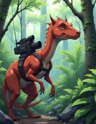 The primary subject of the image is a cartoon dinosaur with a camera on its back. The dinosaur is standing in a forest, surrounded by trees and foliage. The visual style of the image is digital art, with a vibrant and lively atmosphere. The colors are predominantly green and brown, reflecting the natural environment of the forest.