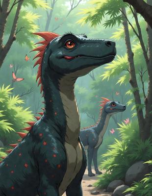 The primary subject of the image is a large, colorful dinosaur standing in a forest. The setting is a lush, green forest with trees and a variety of butterflies flying around. The visual style is a digital art or illustration, creating a vibrant and engaging scene. The colors and mood are lively and energetic, with the dinosaur and butterflies adding a sense of wonder and excitement to the image.