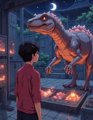 The primary subject of the image is a young boy standing in front of a large, fire-breathing dinosaur. The setting appears to be a kitchen, with a sink visible in the background. The visual style of the image is a combination of digital art and illustration, creating a unique and engaging scene. The dominant colors in the image are red and orange, which add to the overall atmosphere of the scene.