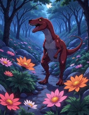 The primary subject of the image is a large, red, ferocious-looking dinosaur standing in a forest filled with flowers. The setting is a lush, green forest with trees and flowers surrounding the dinosaur. The visual style is a digital art or illustration, creating a vibrant and colorful scene. The dominant colors are red, green, and yellow, giving the image a lively and energetic atmosphere.