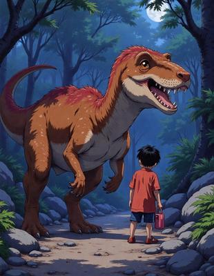 The primary subject of the image is a large, red-haired dinosaur standing on a dirt path. The setting is a forest, with trees surrounding the path. The visual style is an illustration, depicting a scene of a boy standing next to the dinosaur. The colors are predominantly brown and red, giving the image a warm and natural atmosphere.