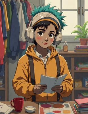 The primary subject of the image is a young boy wearing headphones and holding a book. He is standing in a room with a bookshelf behind him, which is filled with various books. The setting appears to be a cozy and comfortable environment, likely a home or a library. The visual style of the image is a combination of digital art and illustration, creating a vibrant and engaging scene. The colors and mood of the image are warm and inviting, with the boy's smile and the booksh