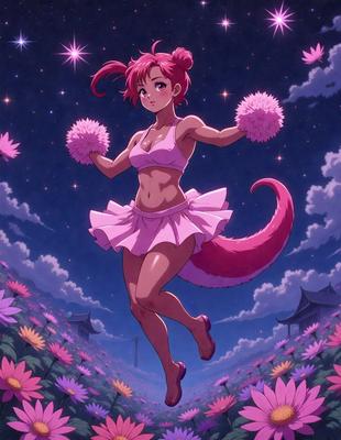 The primary subject of the image is a woman dressed in a pink and white outfit, holding two pom poms and dancing in a field of flowers. The setting is a beautiful garden with a starry night sky in the background. The visual style is a combination of digital art and illustration, creating a vibrant and lively atmosphere. The colors and mood are predominantly pink and white, with a touch of starry night blue, giving the scene a cheerful and whimsical feel.