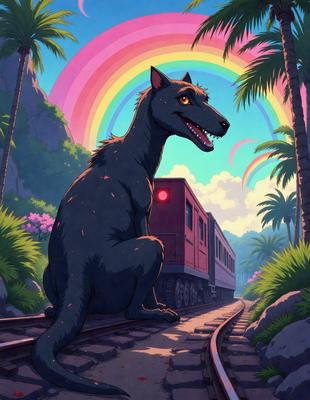 The primary subject of the image is a large black dog sitting on train tracks. The setting is a colorful, rainbow-colored background, which adds a vibrant and lively atmosphere to the scene. The visual style is a combination of digital art and illustration, creating a unique and eye-catching image. The dominant colors are the vivid hues of the rainbow, which contrast with the darker tones of the dog and the train tracks.