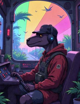 The primary subject of the image is a man wearing a red hoodie and a hat, sitting in a chair and operating a control panel. The setting is a room with a window, and the visual style is a colorful, cartoon-like illustration. The colors and mood of the image are vibrant and lively, with a focus on the man and his surroundings.