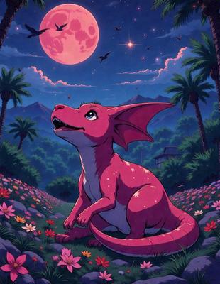 The primary subject of the image is a pink dragon sitting in a field of flowers. The setting is a nighttime scene with a moon in the background. The visual style is a digital art or illustration, creating a whimsical and magical atmosphere. The dominant colors are pink and purple, with the flowers adding a touch of vibrancy to the scene.