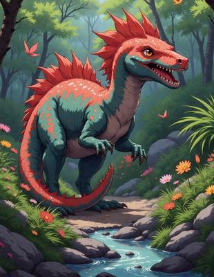 The primary subject of the image is a large, colorful, and ferocious-looking dinosaur, possibly a red and green alligator or a similar creature, standing in a lush green forest. The setting includes a river flowing through the forest, surrounded by trees and rocks. The visual style of the image is a combination of digital art and illustration, creating a vibrant and detailed scene. The colors and mood of the image are lively and energetic, with the dinosaur and the forest