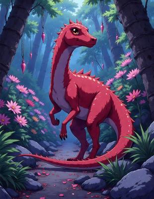 The primary subject of the image is a red dragon standing in a forest. The dragon is surrounded by a variety of flowers, including pink and purple ones. The setting is a forest with trees and rocks, creating a natural and serene atmosphere. The visual style of the image is a digital art or illustration, showcasing the dragon and flowers in a detailed and vibrant manner. The colors and mood of the image are predominantly warm and lively, with the red dragon and the colorful
