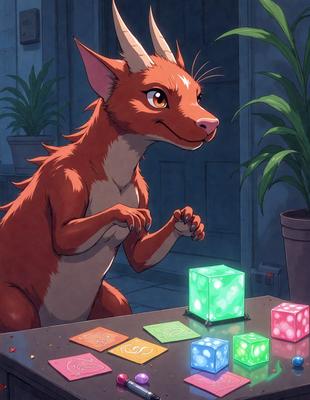 The primary subject of the image is a cartoon-like red and orange animal, possibly a dragon or a cat, sitting at a table with a green cube on it. The setting appears to be a room with a door visible in the background. The visual style is a digital art or illustration, with the animal and the cube being the main focus of the image. The colors and mood of the image are vibrant and lively, with the red and orange animal and the green cube adding a sense of playfulness and