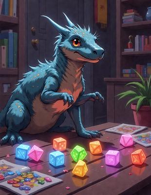 The primary subject of the image is a blue dragon sitting on a table with a pile of colorful cubes in front of it. The dragon appears to be looking at the cubes, which are scattered across the table. The setting is indoors, with a bookshelf visible in the background. The visual style is a combination of digital art and illustration, creating a vibrant and engaging scene. The dominant colors in the image are blue, green, and yellow, giving the scene a lively and cheer