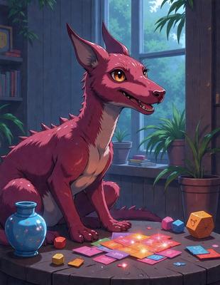 The primary subject of the image is a red dragon sitting on a table. The dragon is surrounded by various items, including a potted plant, a vase, and a collection of books. The setting appears to be a cozy, indoor space with a window nearby. The visual style of the image is a combination of digital art and illustration, creating a vibrant and engaging scene. The dominant colors in the image are red and pink, giving the scene a warm and inviting atmosphere.