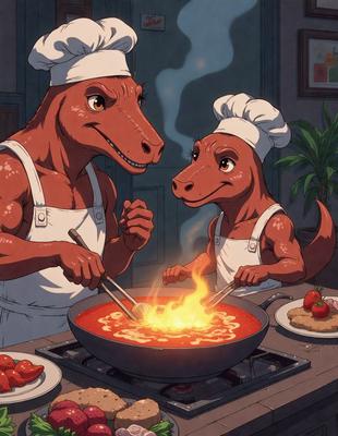 The primary subject of the image is a cartoon dinosaur chef cooking in a kitchen. The dinosaur is wearing a chef's hat and is surrounded by various kitchen utensils and items. The setting is a kitchen with a dining table, a bowl, a spoon, a fork, and a knife. The visual style is a cartoon illustration, and the colors and mood are bright and cheerful.