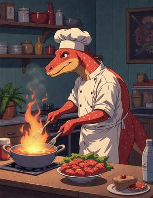The primary subject of the image is a cartoon dinosaur chef, wearing a chef's hat and apron, cooking food in a kitchen. The dinosaur is standing next to a stove, with a pot on it, and is using a spoon to stir the pot. The setting is a kitchen with various items such as bottles, bowls, and a potted plant. The visual style is a cartoon illustration, and the colors are bright and vibrant, creating a cheerful and fun