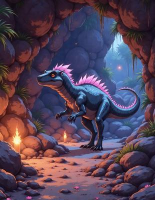 The primary subject of the image is a cartoon dinosaur, specifically a T-Rex, standing in a cave. The setting is a rocky environment with a dark atmosphere. The visual style is a digital art or illustration, with the dinosaur being the main focus of the scene. The colors are predominantly dark, with the T-Rex being the main source of color, and the cave and rocks surrounding it being in shades of gray and brown.