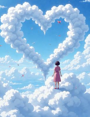 The primary subject of the image is a woman standing on a cloud, surrounded by a heart-shaped cloud formation. The setting is a sky filled with clouds, creating a whimsical and dreamy atmosphere. The visual style is a digital art or illustration, with the woman and clouds depicted in a vibrant pink color. The overall mood of the image is one of joy, love, and freedom, as the woman appears to be floating on the clouds, enjoying her unique and magical surroundings.