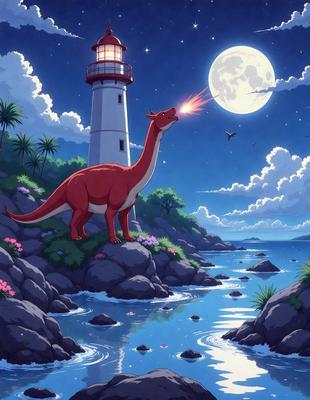 Primary subject: A red dragon with a lighthouse in the background.

Setting/background: The dragon is standing on a rocky hillside near a body of water, with a lighthouse in the distance.

Visual style: The image is a digital art or illustration.

Colors and mood: The dominant colors are red and blue, with a slightly darker atmosphere.