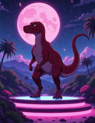 The primary subject of the image is a large, red dinosaur standing on a platform. The setting is a nighttime scene with a pink moon in the background. The visual style is a digital art illustration, giving the image a vibrant and lively atmosphere. The dominant colors are red and pink, with the red dinosaur being the focal point of the image.
