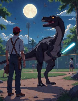 The primary subject of the image is a man holding a baseball bat, standing next to a large, ferocious-looking dinosaur. The setting appears to be a baseball field, with a backdrop of a night sky. The visual style of the image is a combination of digital art and illustration, creating a unique and captivating scene. The dominant colors in the image are dark and moody, with the night sky and the dinosaur's appearance adding to the overall atmosphere.