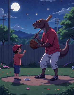 The image features a large, ferocious-looking dinosaur standing on a baseball field, holding a baseball bat. A young boy is standing next to the dinosaur, watching the scene unfold. The dinosaur appears to be a cartoon character, and the overall atmosphere is playful and imaginative. The setting includes a baseball field with a fence in the background, and the visual style is a combination of digital art and illustration.